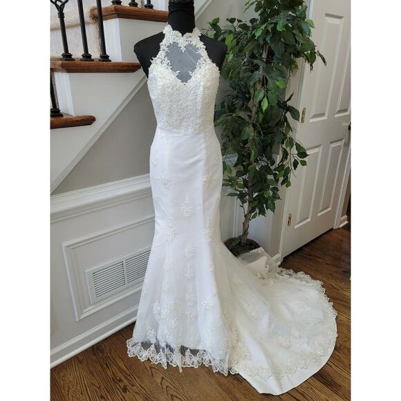 Lenovia Dresses & Skirts - Lenovia Women White Polyester Halter Neck Sleeveless Wedding Maxi Dress Size 10